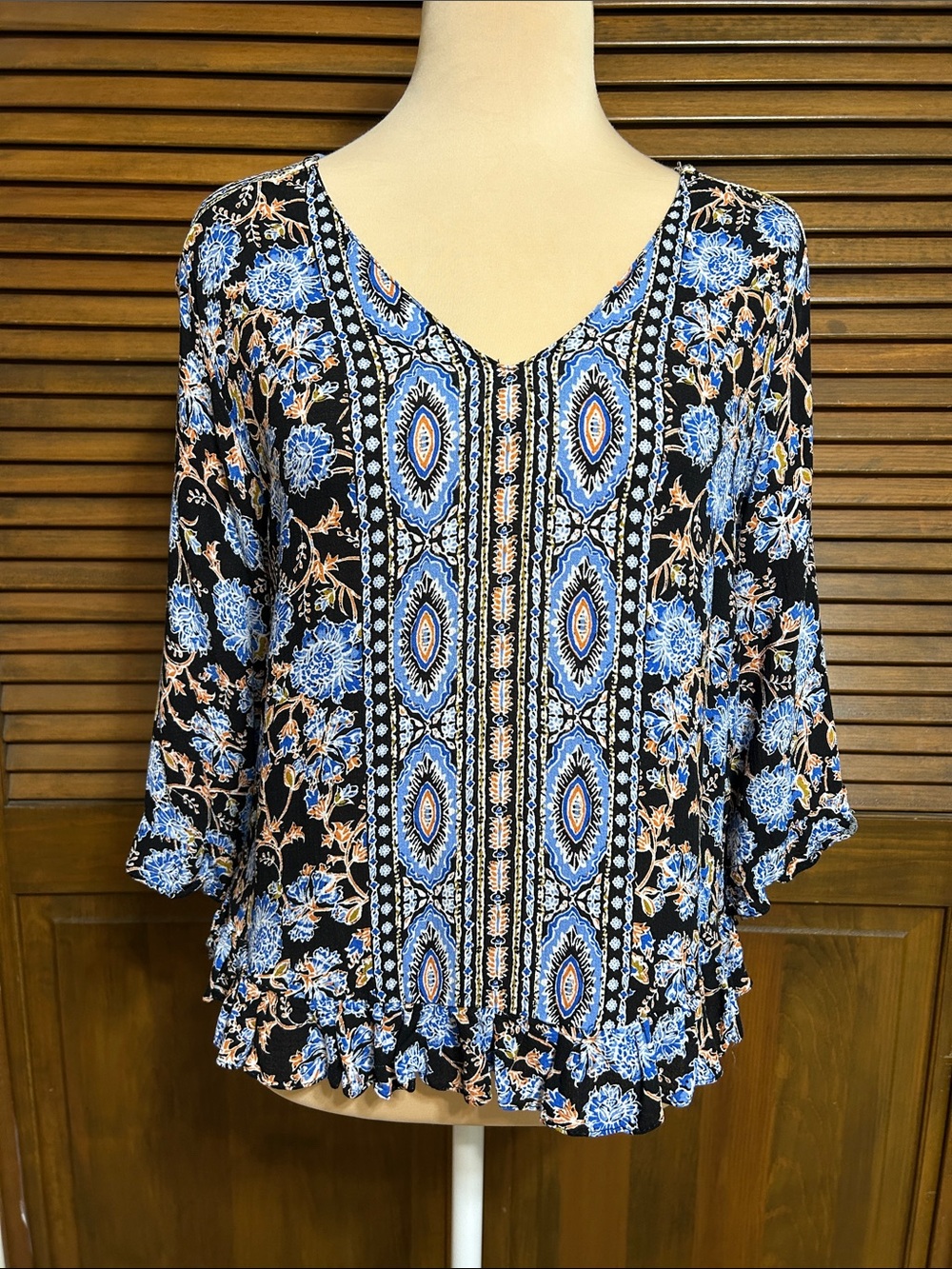 Rose & Thyme Black Blue Orange Paisley Print Pullover V-Neck Blouse Top Size M